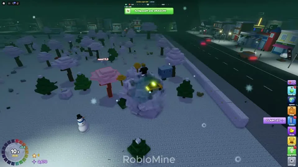 Nighttime winter town with clock and seasonal HUD
